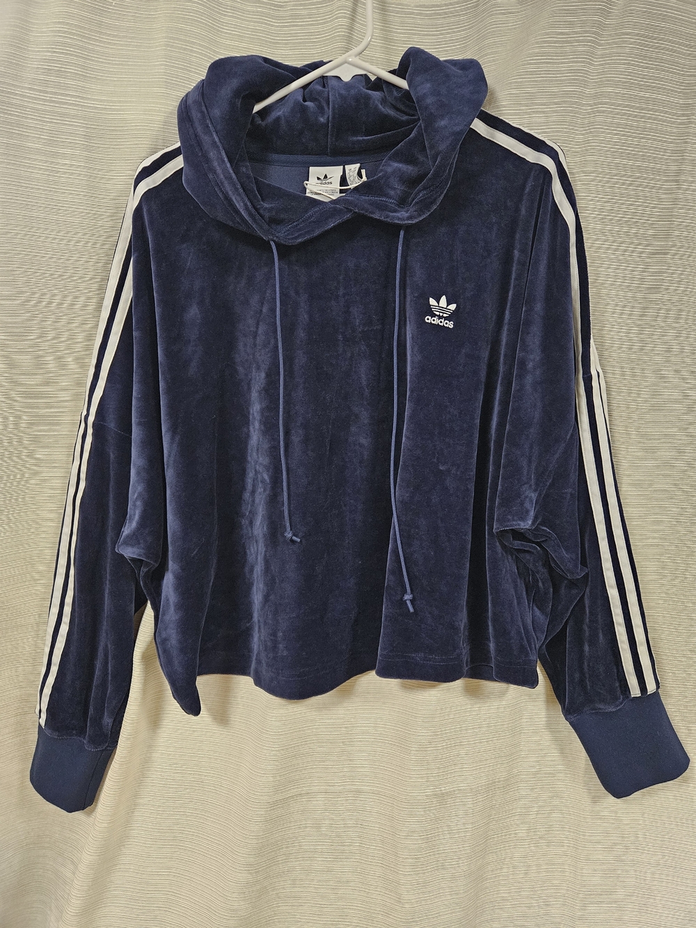 NWT Adidas Navy Blue Velour Hoodie with White Stripes 1X